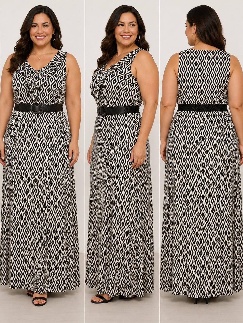Women’s Black White Geometric Maxi Dress XL Sleeveless Belted Ruffle